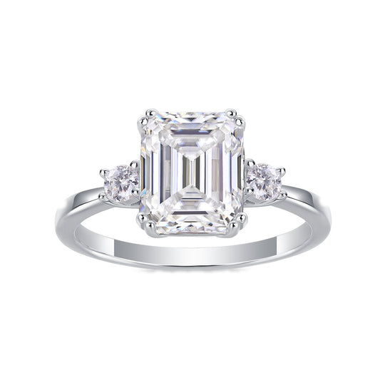 Emerald-Cut Moissanite Three-Stone Ring in 925 Sterling Silver