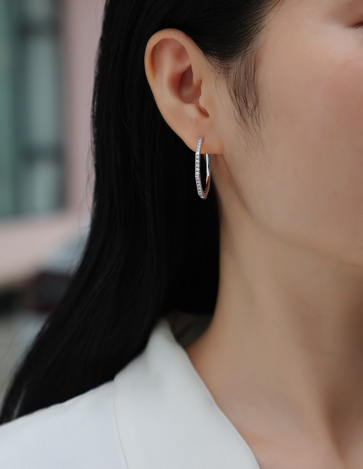 Moissanite Pave Large Hoop Earrings in 925 Sterling Silver - worn