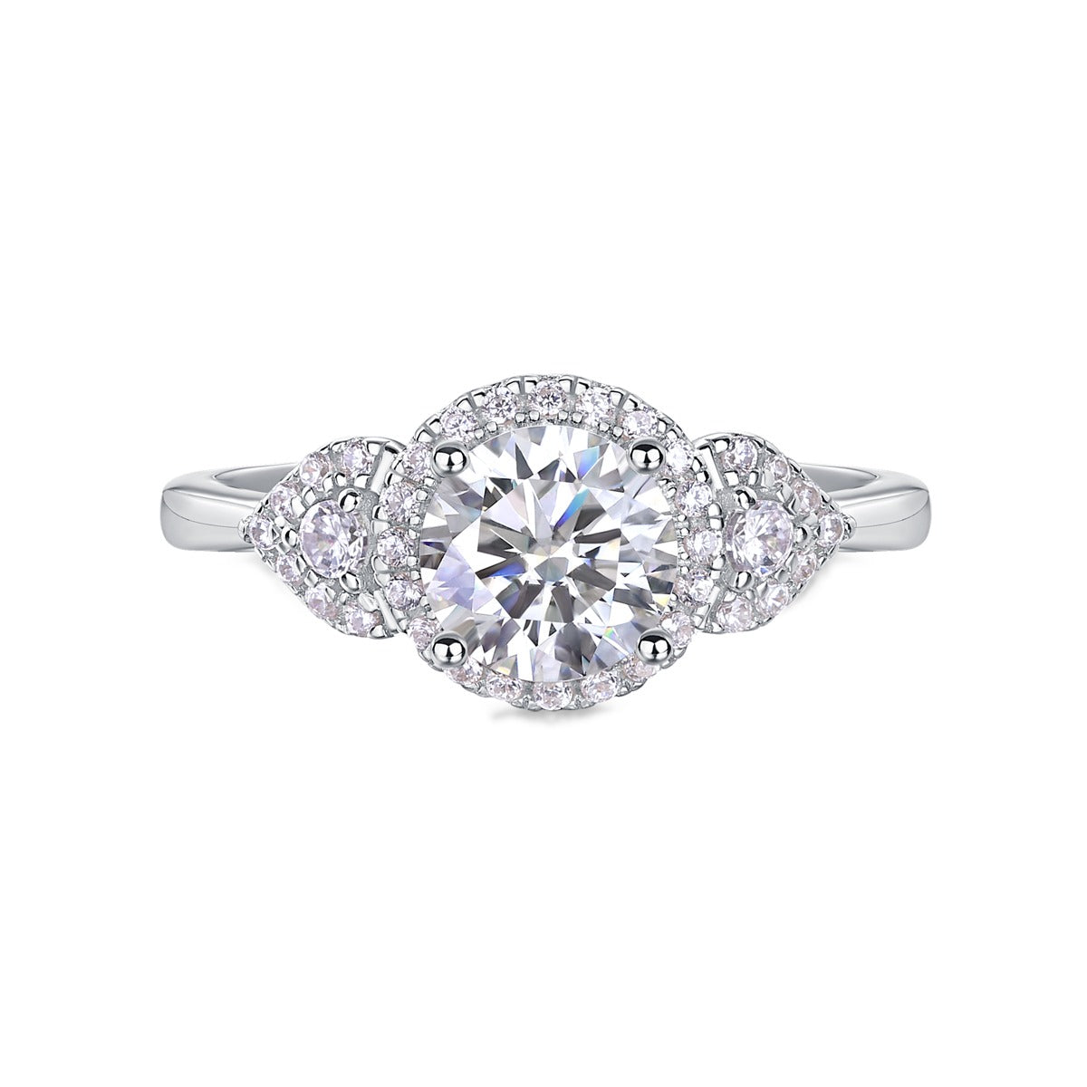 Round Moissanite Halo Ring with Pear Pave Accents in 925 Silver