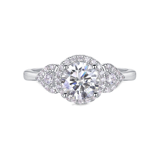Round Moissanite Halo Ring with Pear Pave Accents in 925 Silver