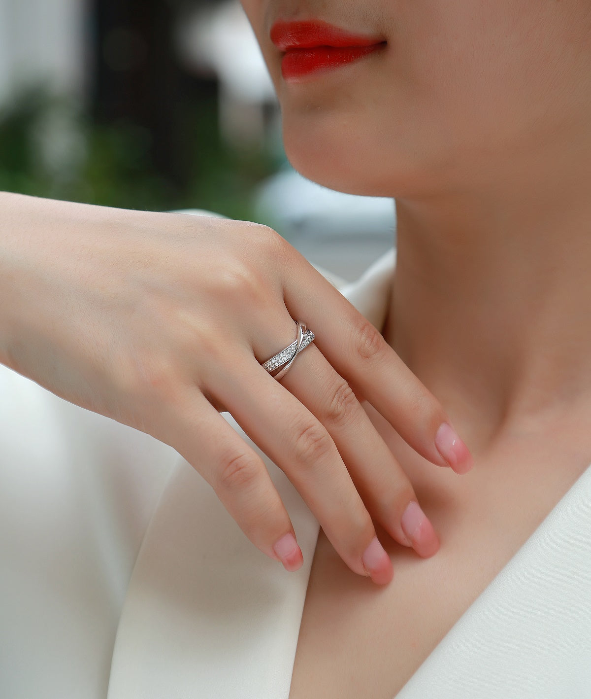 Moissanite Pave Crossover Ring in 925 Sterling Silver - worn