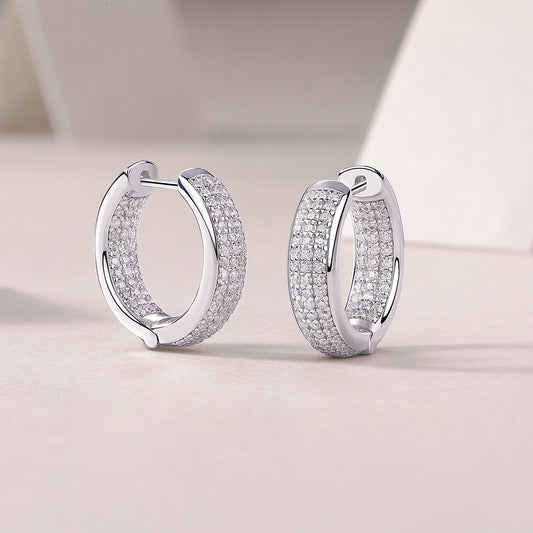 Moissanite Three-Row Pave Huggie Hoop Earrings in 925 Sterling Silver