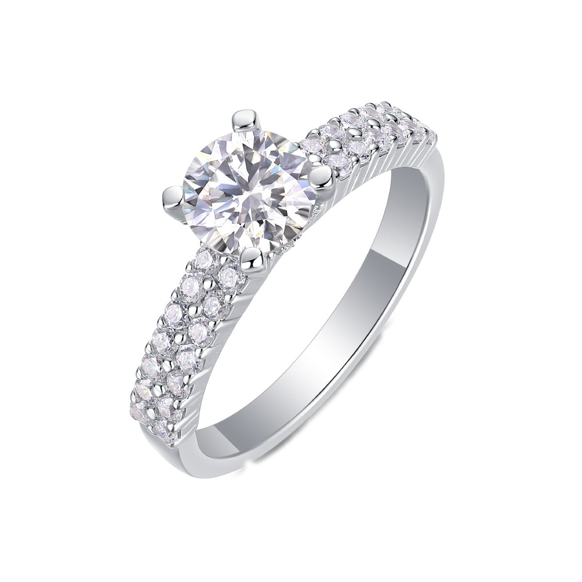 Round Moissanite Solitaire Ring with Shared-Prong Band in 925 Silver