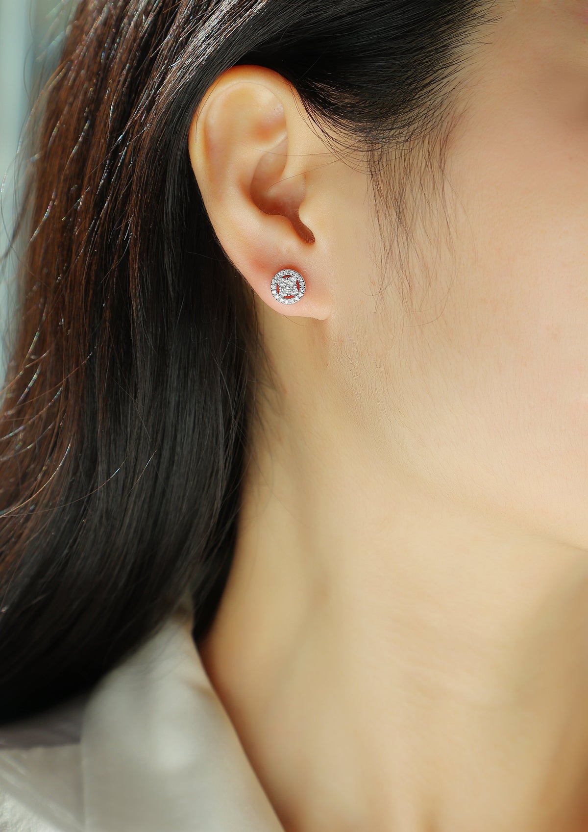 Round Moissanite Cluster Halo Stud Earrings in 925 Sterling Silver - worn