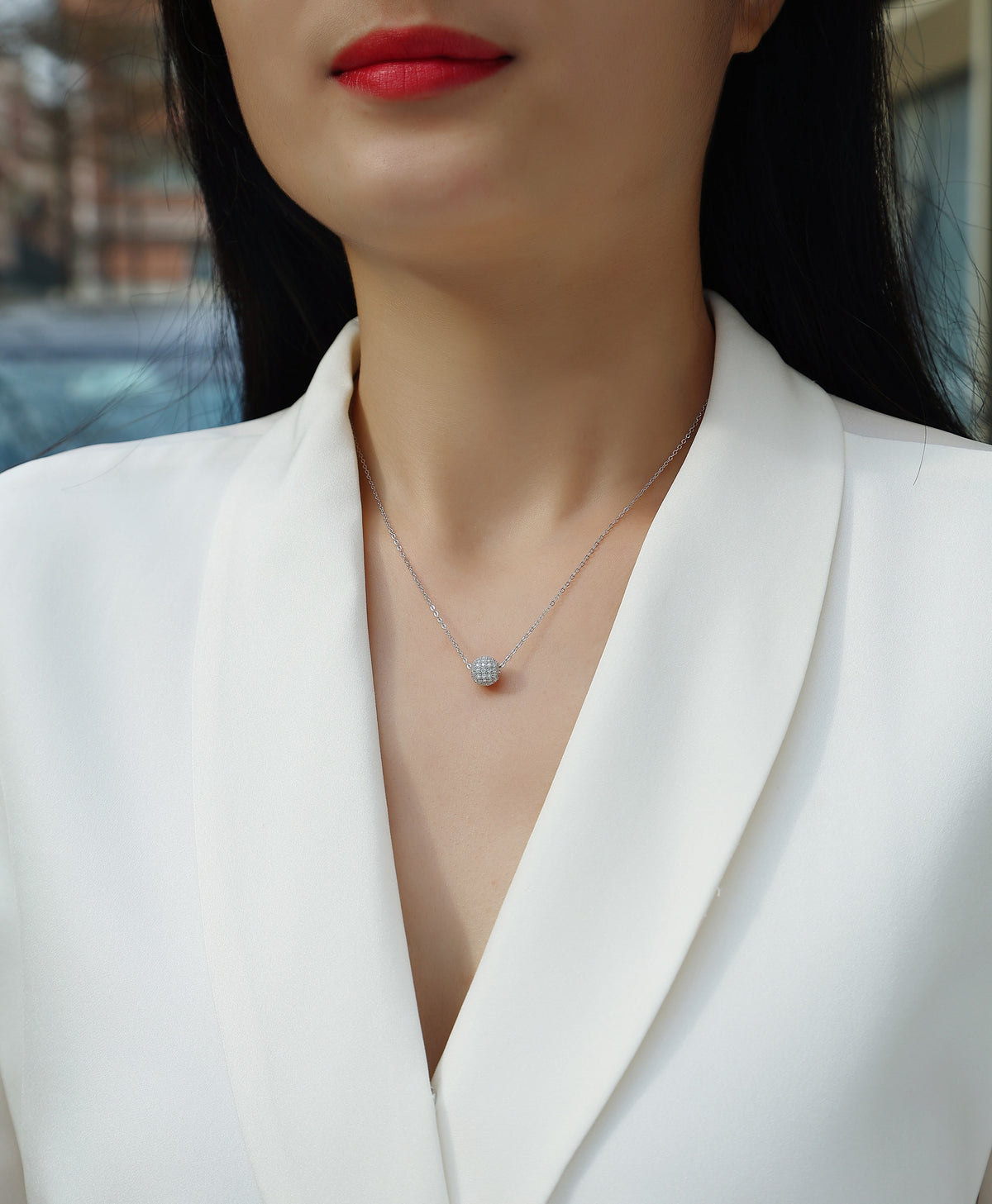 Moissanite Pave Ball Pendant Necklace in 925 Sterling Silver - worn
