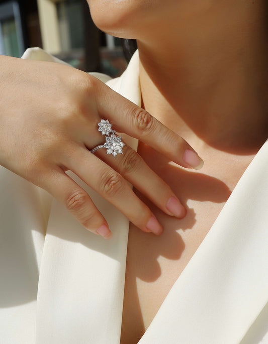 Moissanite Double Flower Cluster Bypass Ring in 925 Sterling Silver - worn