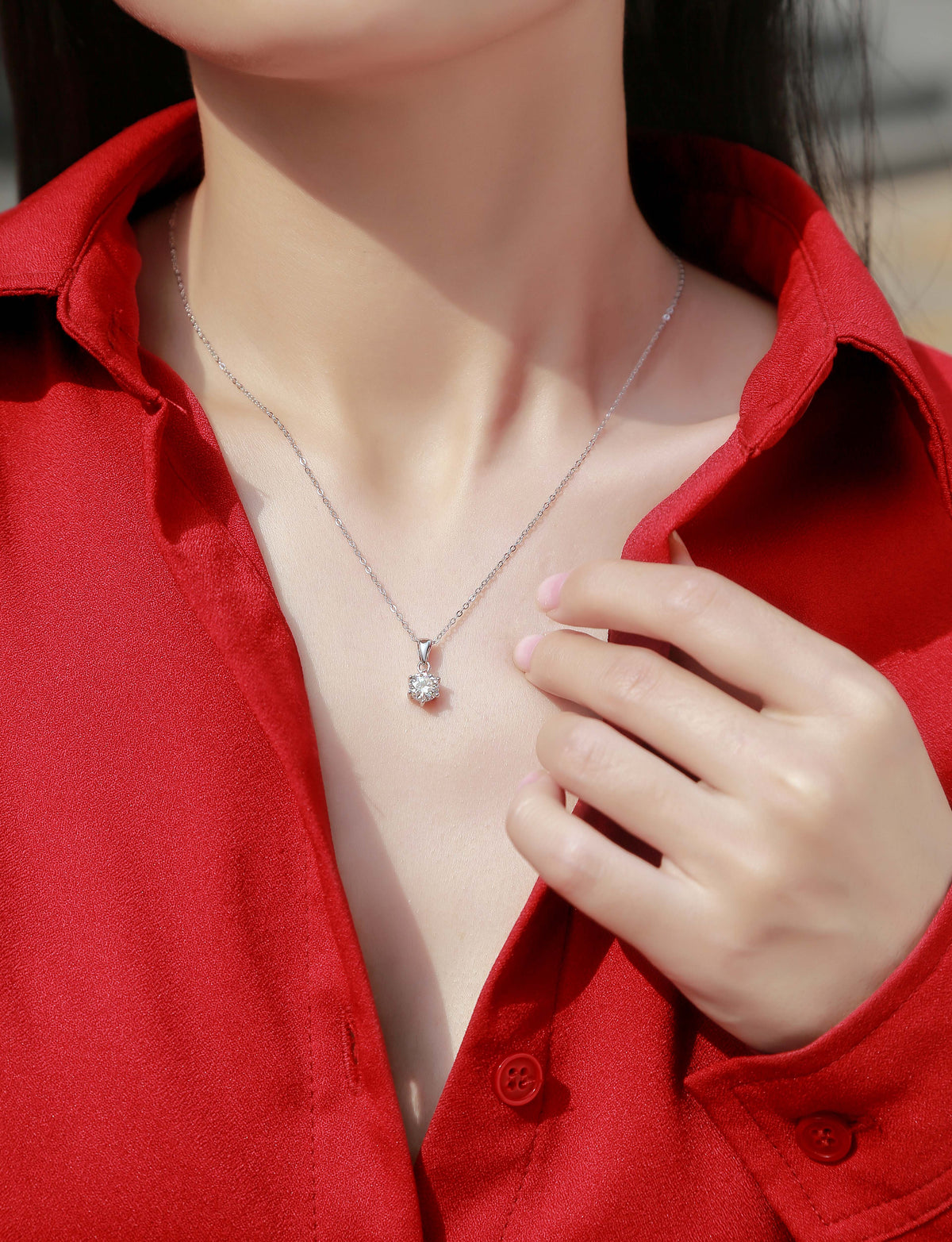 Round Moissanite Solitaire Drop Pendant Necklace in 925 Sterling Silver - worn