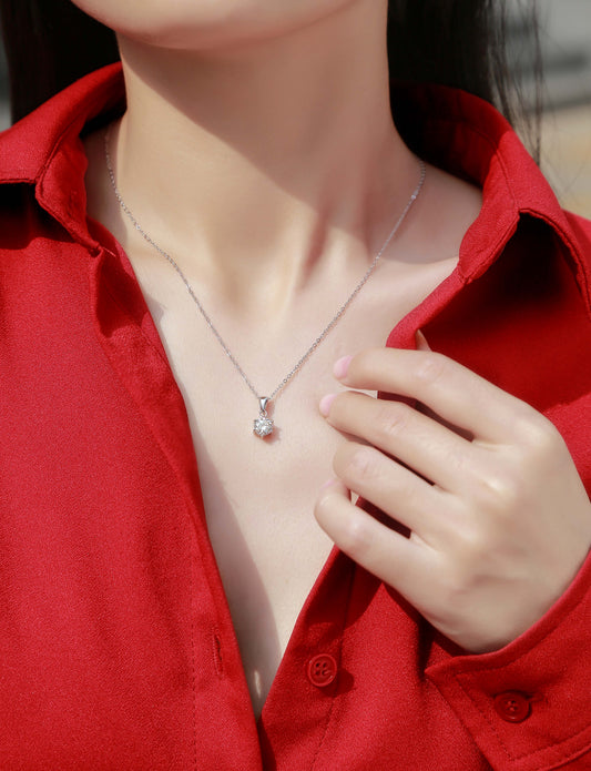 Round Moissanite Solitaire Drop Pendant Necklace in 925 Sterling Silver - worn