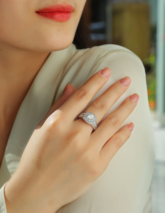 Round Moissanite Double-Halo Split-Shank Ring in 925 Sterling Silver - worn