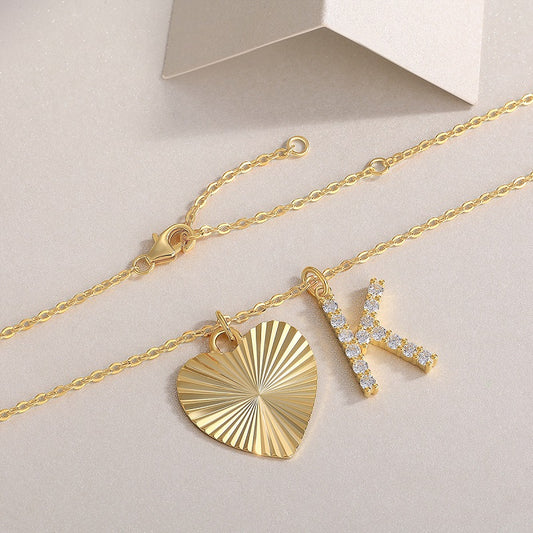 Moissanite Pave Initial and Fluted Heart Necklace in Gold-Plated 925 Silver
