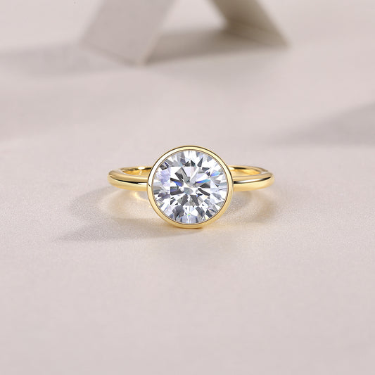 Round Moissanite Bezel Solitaire Ring in Gold-Plated 925 Silver
