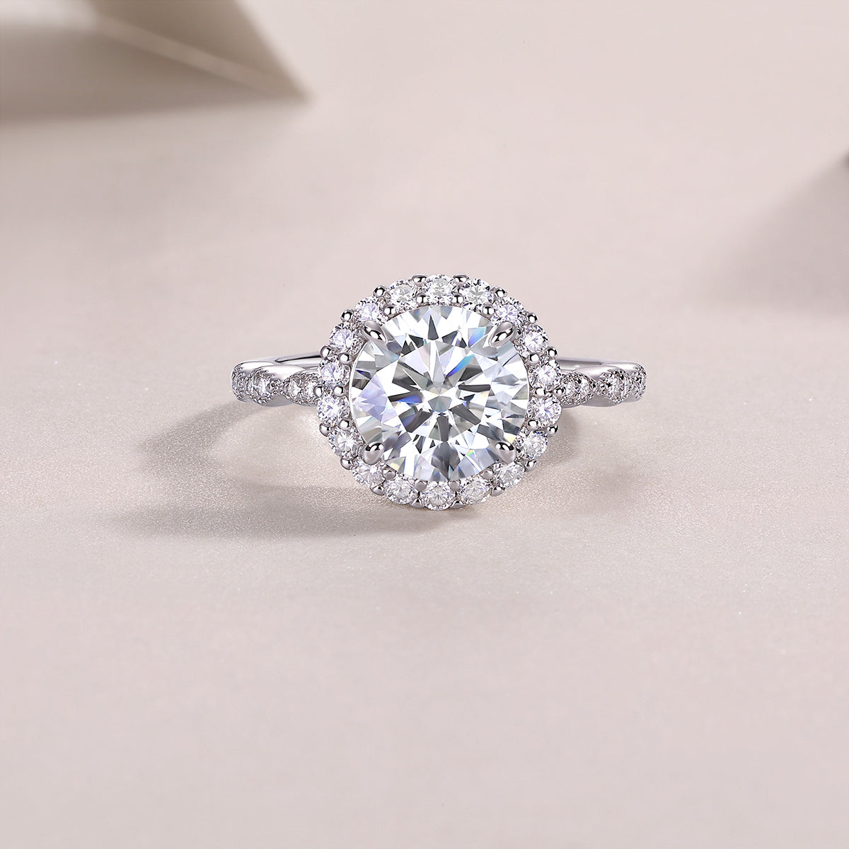 Round Moissanite Halo Ring with Twisted Pave Band in 925 Silver