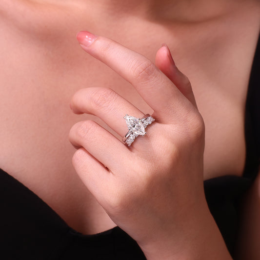 Marquise Moissanite Solitaire and Marquise Band Set in 925 Silver - worn