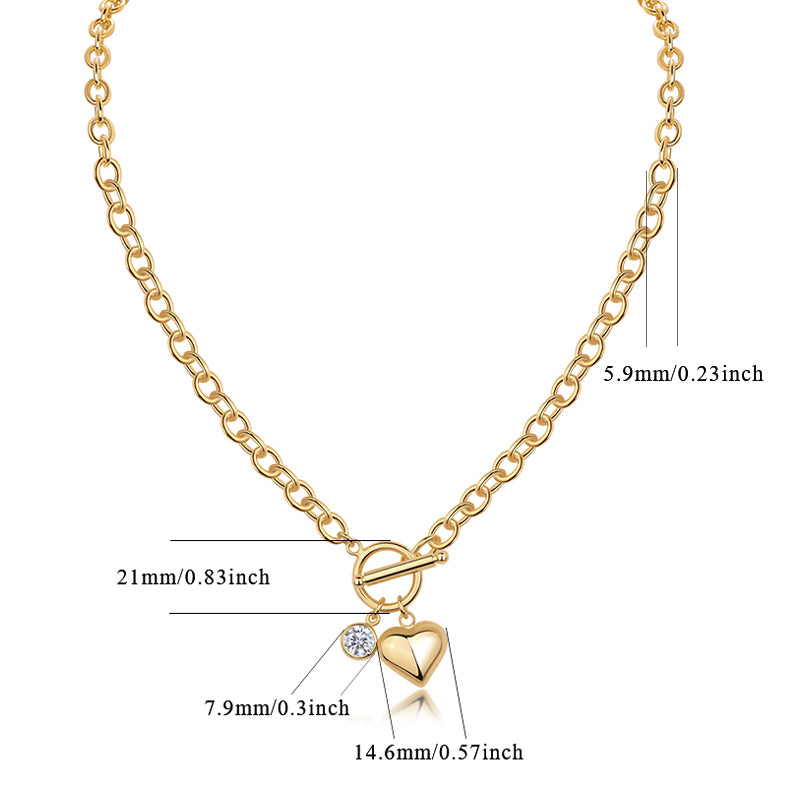 Rolo Chain Toggle Necklace with Moissanite Heart Charm in Gold-Plated 925 Silver - size chart