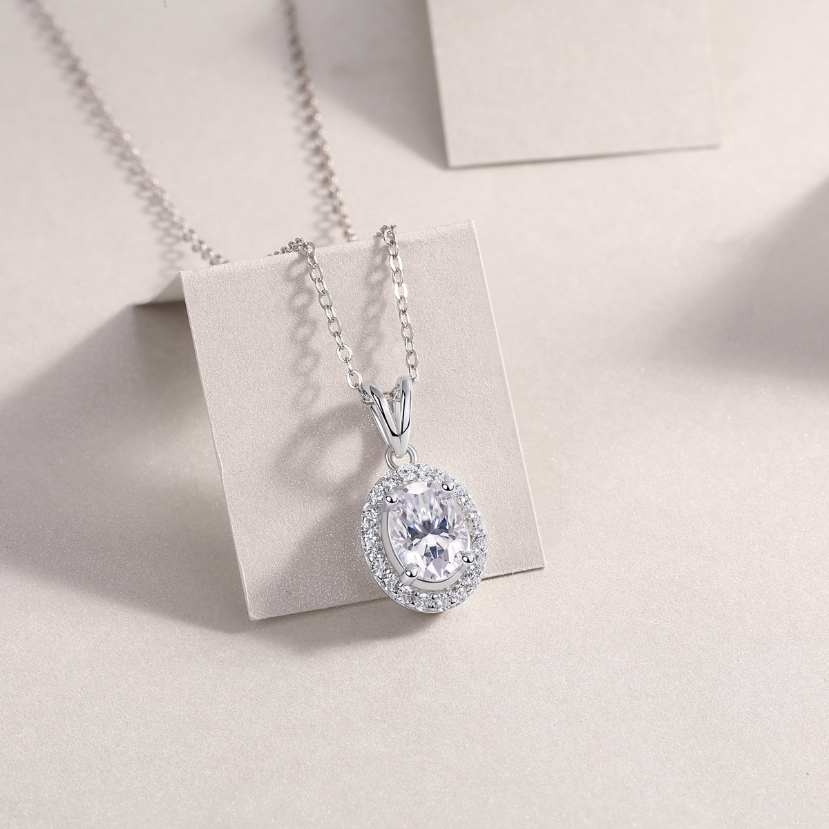 Oval Moissanite Halo Pendant Necklace in 925 Sterling Silver