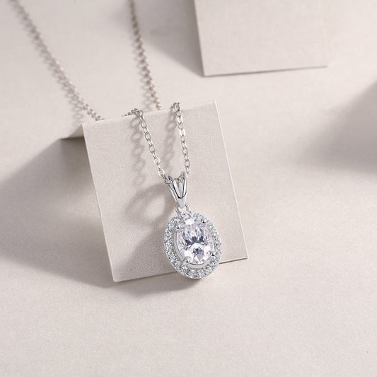 Oval Moissanite Halo Pendant Necklace in 925 Sterling Silver