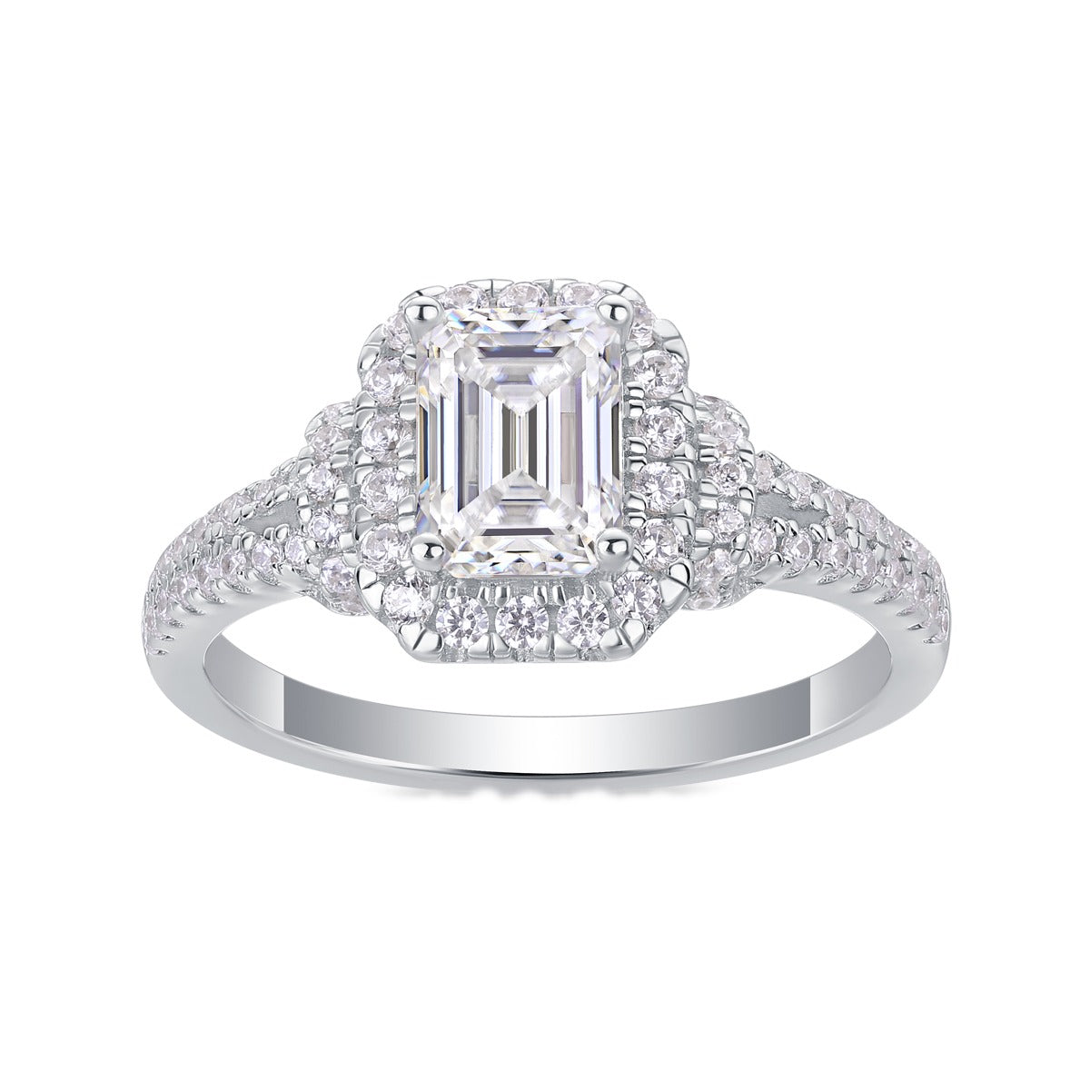 Emerald-Cut Moissanite Halo Ring with Split Pave Shank in 925 Silver