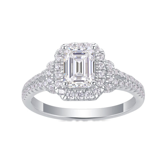 Emerald-Cut Moissanite Halo Ring with Split Pave Shank in 925 Silver