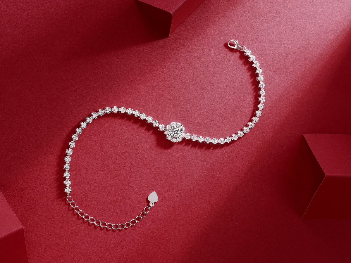 Moissanite Halo Station Tennis Bracelet in 925 Sterling Silver