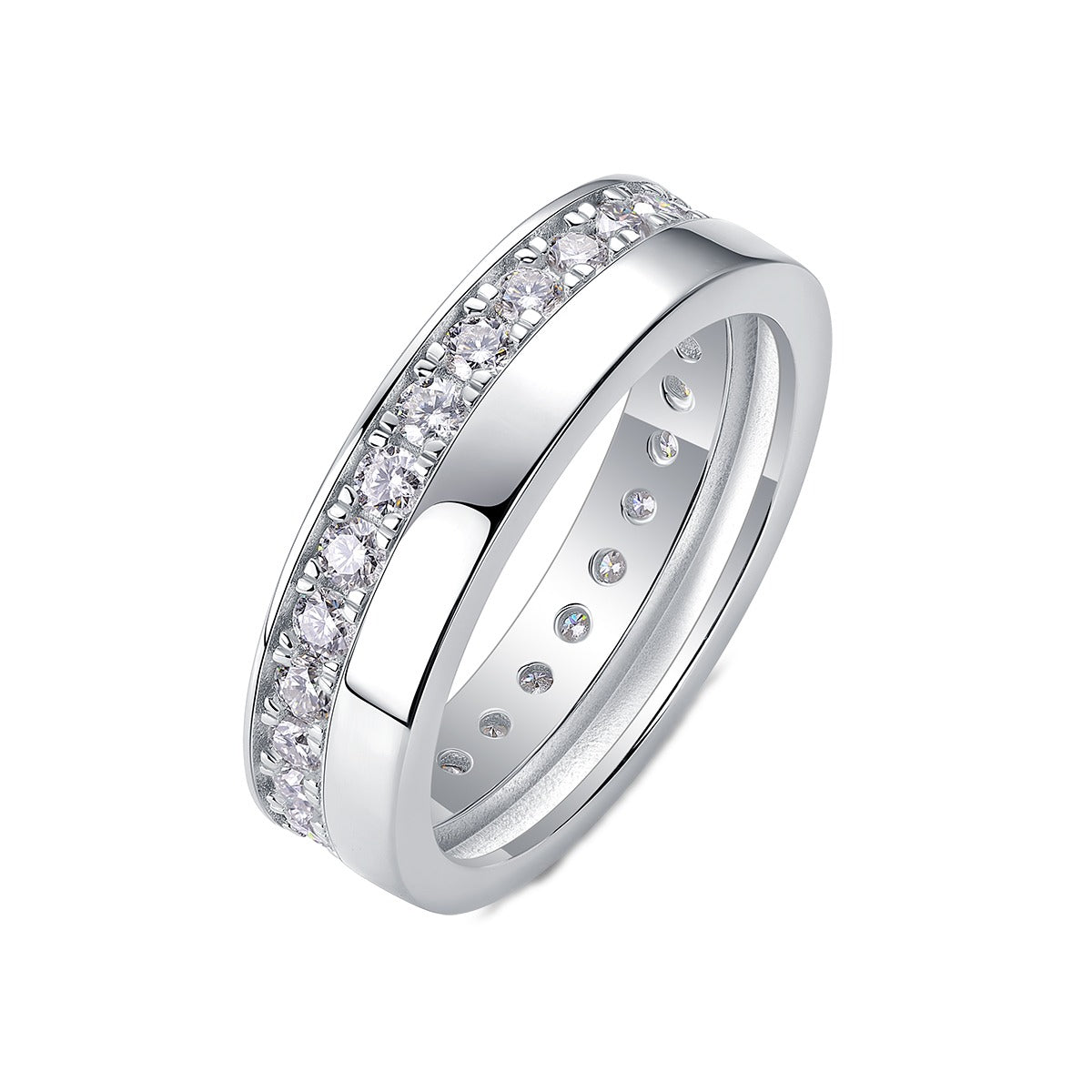 Moissanite Offset Double Band Ring with Pave Row in 925 Silver