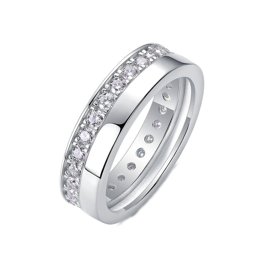 Moissanite Offset Double Band Ring with Pave Row in 925 Silver