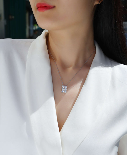 Moissanite Cluster Rectangle Pendant Necklace in 925 Sterling Silver - worn
