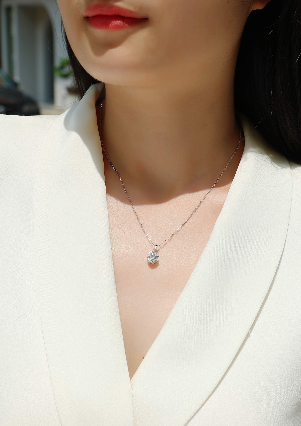 Round Moissanite Solitaire Bail Pendant Necklace in 925 Sterling Silver - worn
