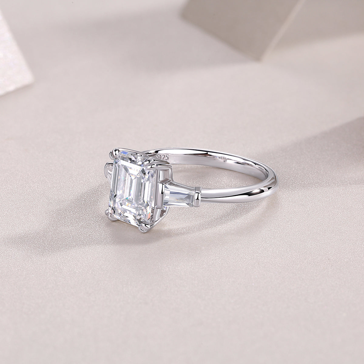 Emerald-Cut Moissanite Ring with Tapered Baguettes in 925 Silver