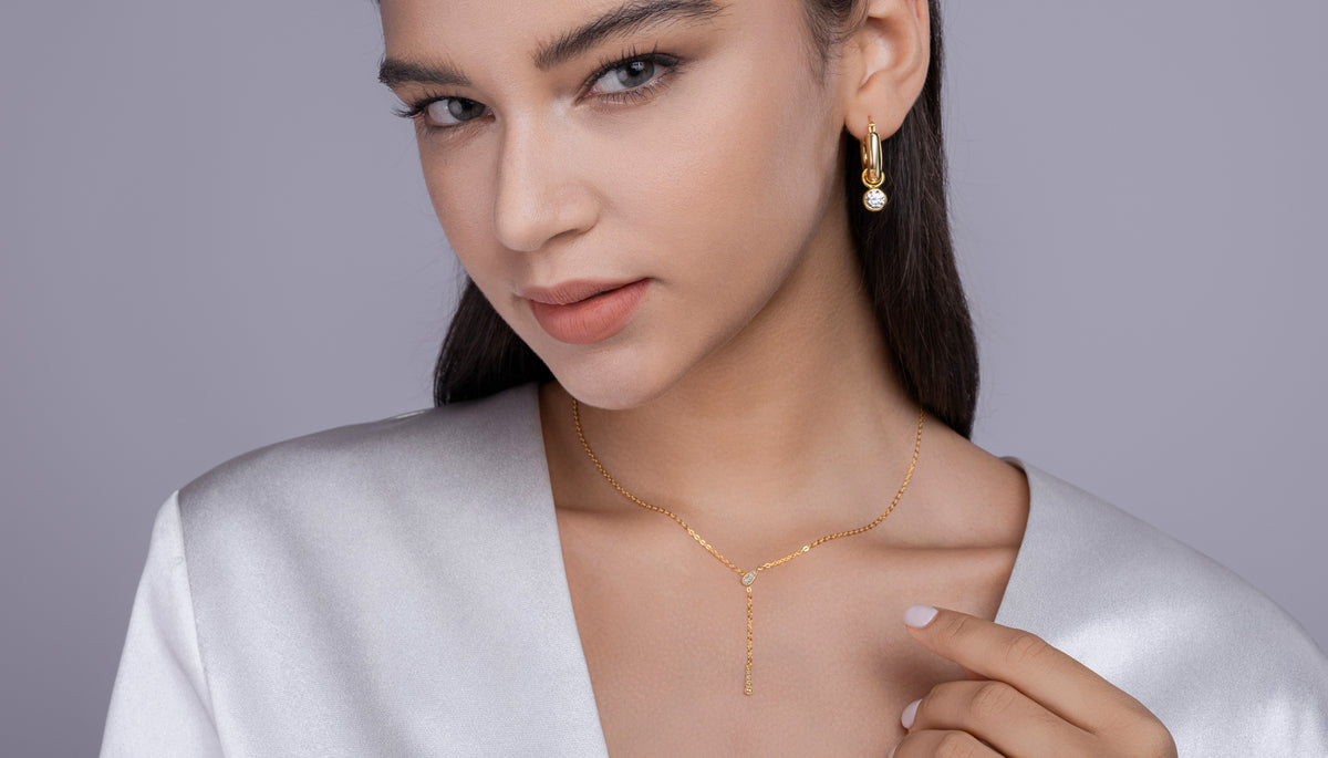 Moissanite Teardrop Y Lariat Necklace in Gold-Plated 925 Sterling Silver - worn