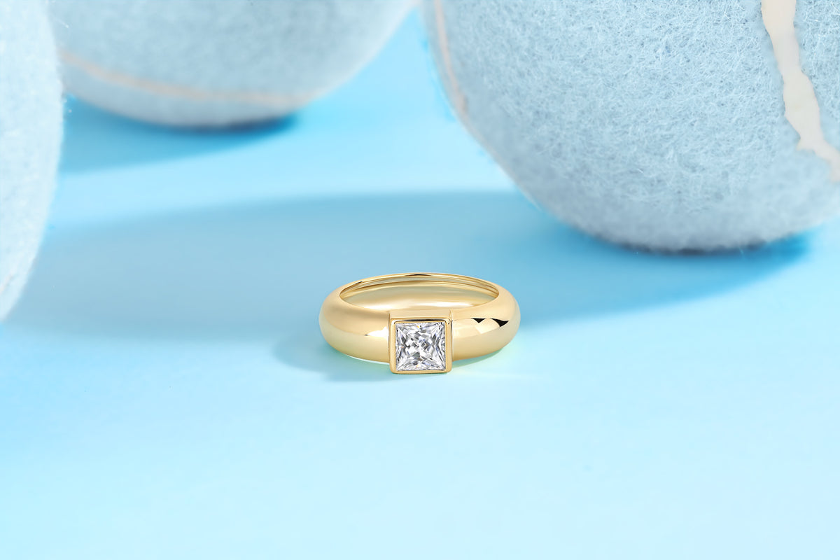 Princess-Cut Moissanite Bezel Dome Ring in Gold-Plated 925 Silver