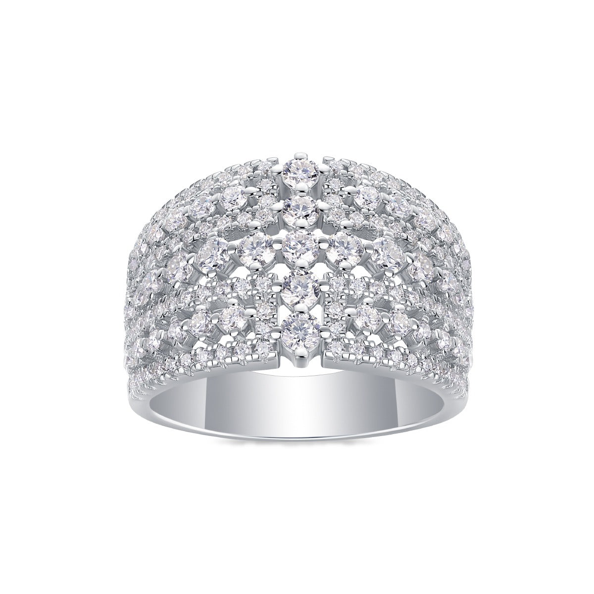 Wide Multi-Row Moissanite Pave Cocktail Ring in 925 Sterling Silver