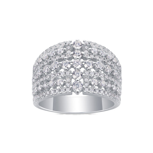 Wide Multi-Row Moissanite Pave Cocktail Ring in 925 Sterling Silver
