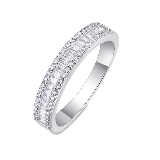 Baguette and Round Moissanite Three-Row Band in 925 Sterling Silver