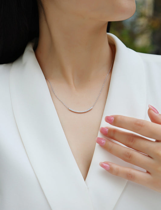 Pave Moissanite Curved Bar Necklace in 925 Sterling Silver - worn