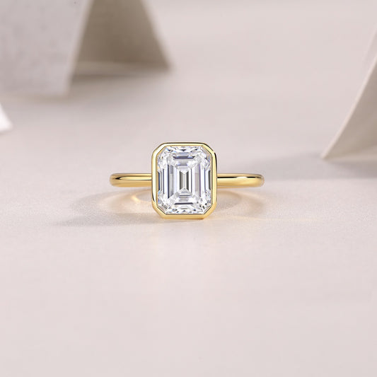 Emerald-Cut Moissanite Bezel Solitaire Ring in Gold-Plated 925 Silver