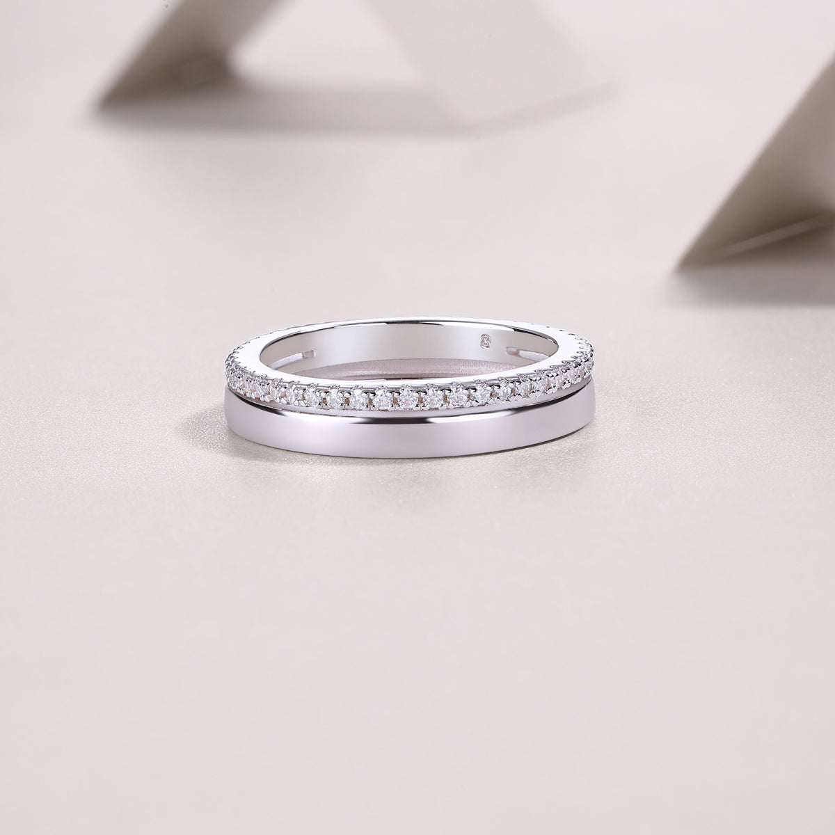 Moissanite Slim Pave and Polished Stacked Band in 925 Sterling Silver