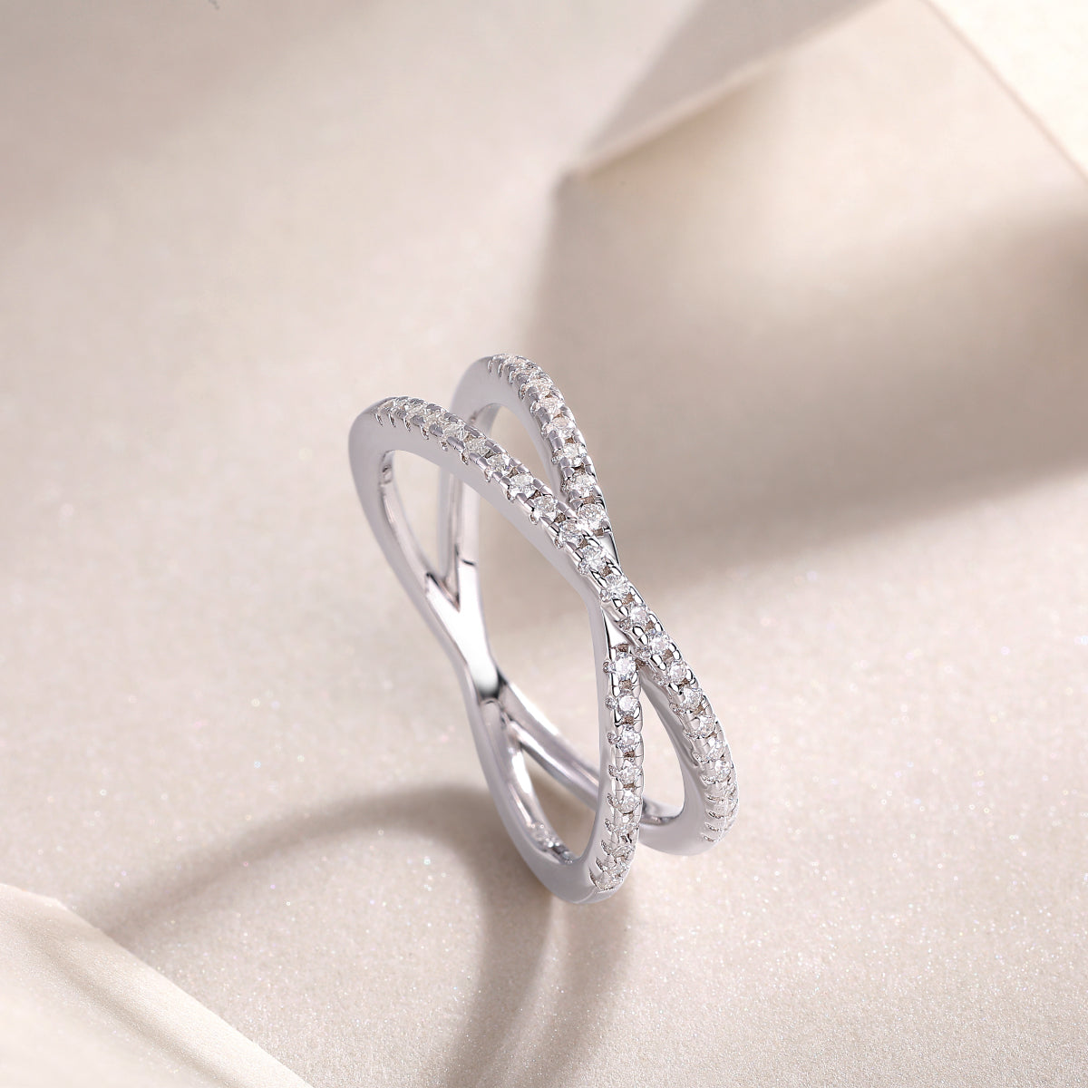 Moissanite Pave Criss-Cross X Ring in 925 Sterling Silver