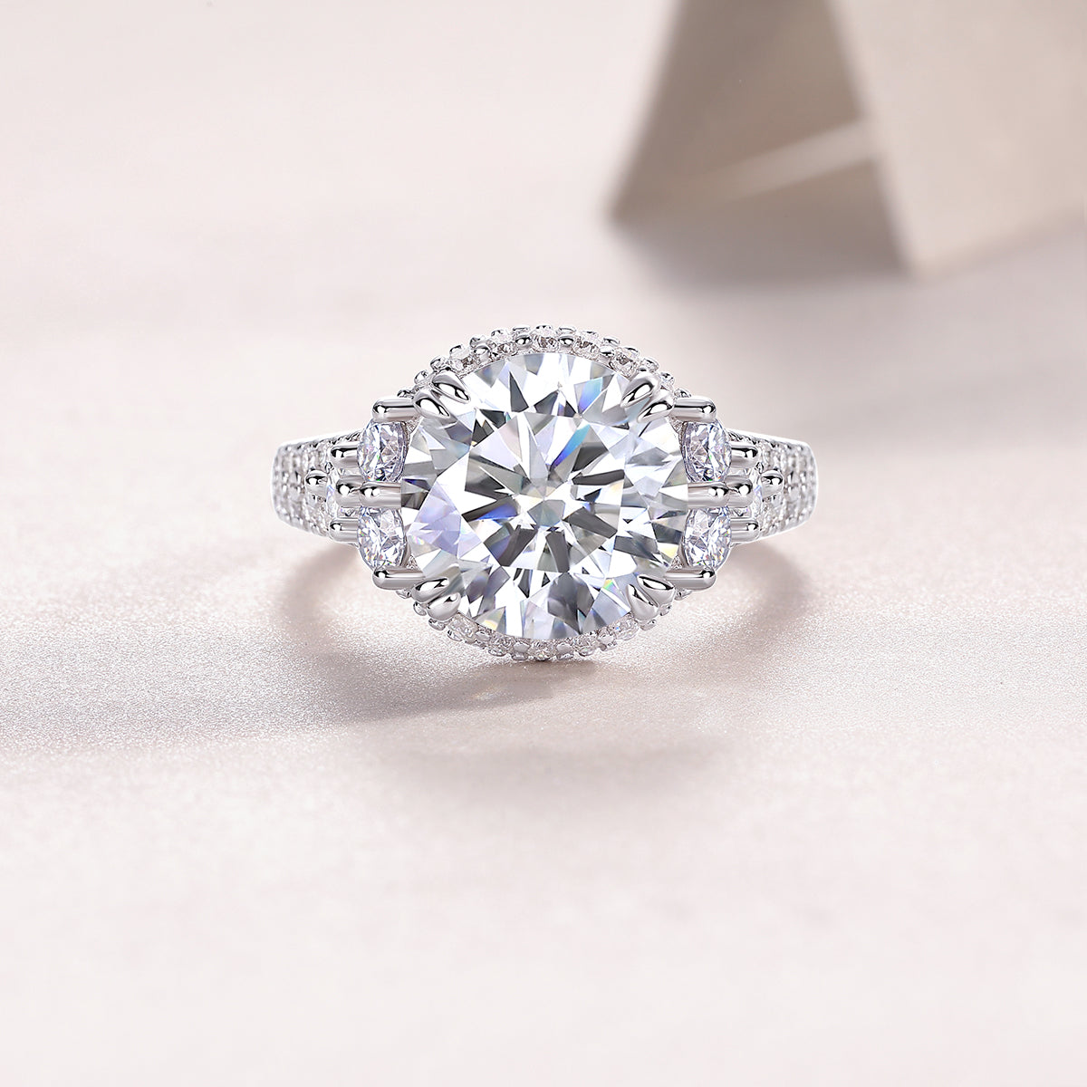 Round Moissanite Statement Ring with Side Stones and Pave Band in 925 Silver