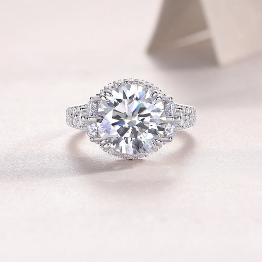 Round Moissanite Statement Ring with Side Stones and Pave Band in 925 Silver