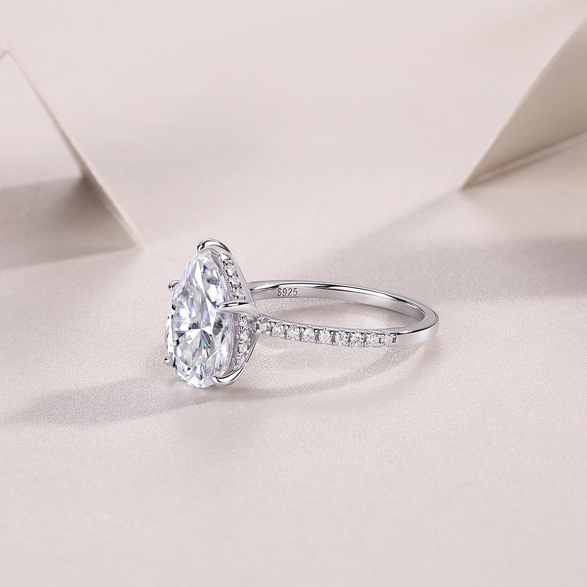 Pear Moissanite Hidden-Halo Solitaire Ring in 925 Sterling Silver