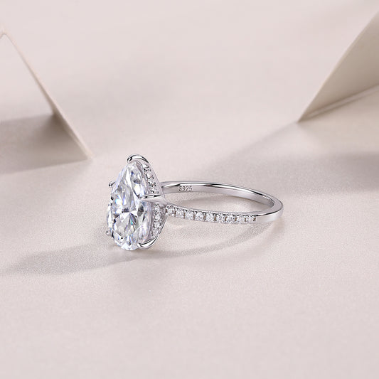 Pear Moissanite Hidden-Halo Solitaire Ring in 925 Sterling Silver