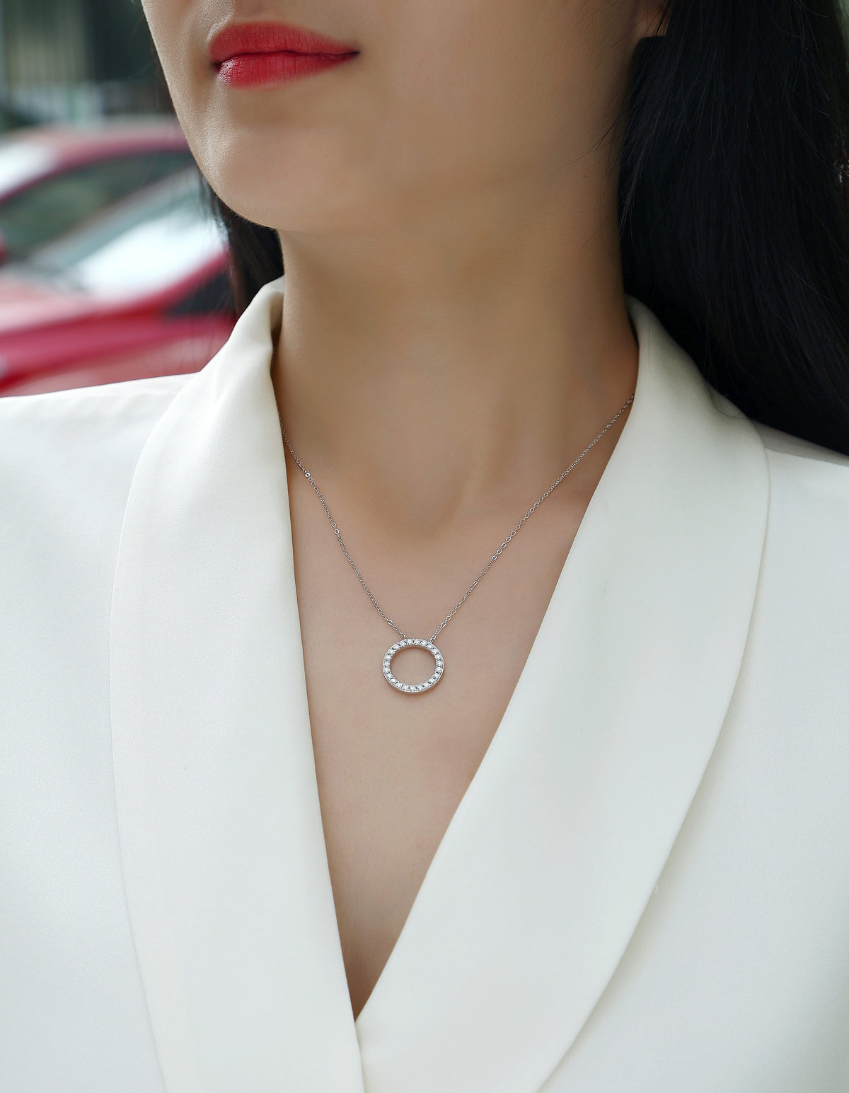 Pave Moissanite Open Circle Pendant Necklace in 925 Sterling Silver - worn