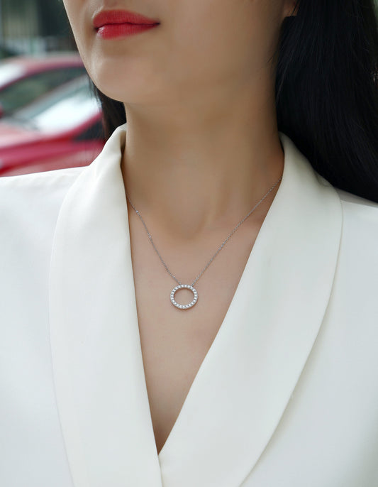 Pave Moissanite Open Circle Pendant Necklace in 925 Sterling Silver - worn