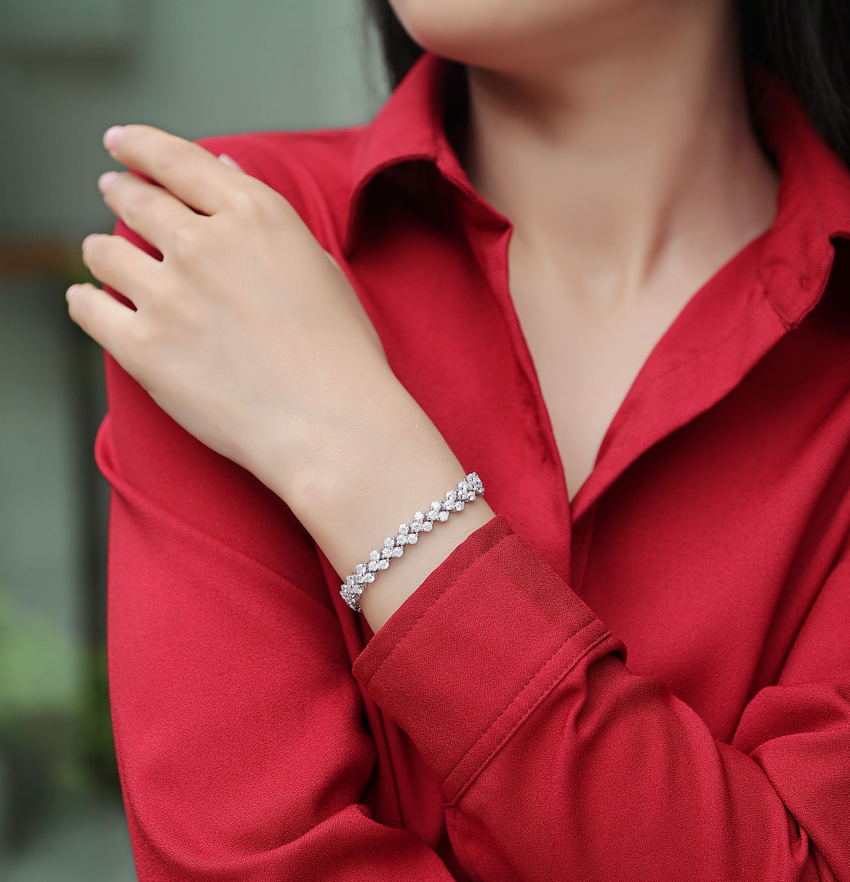 Moissanite Flower Cluster Link Bracelet in 925 Sterling Silver - worn