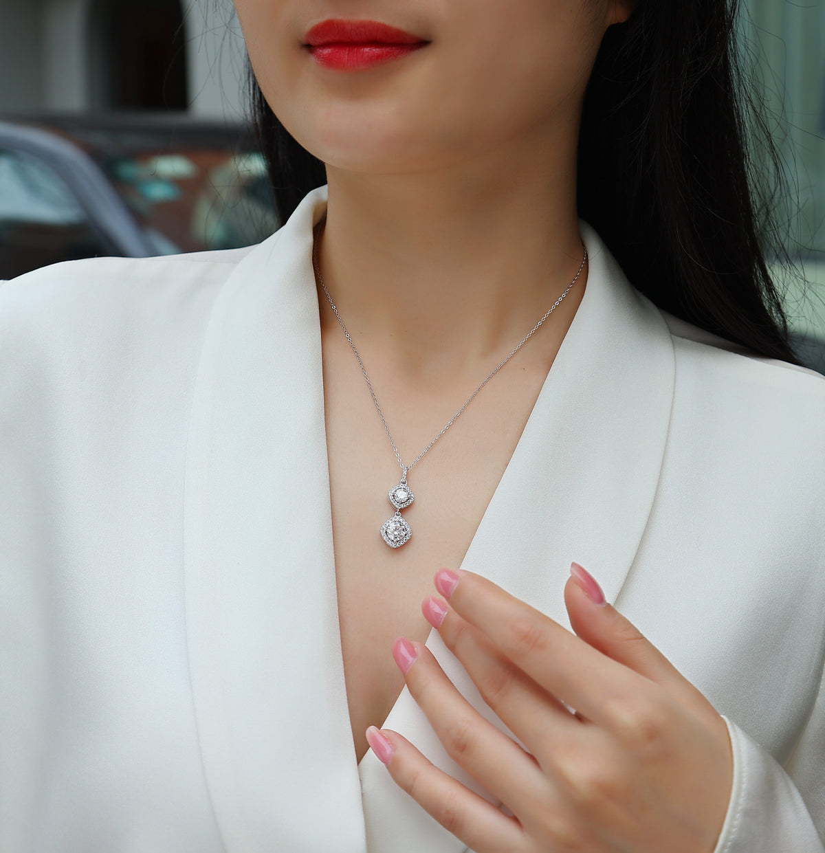 Round Moissanite Double Cushion-Halo Drop Pendant in 925 Silver - worn