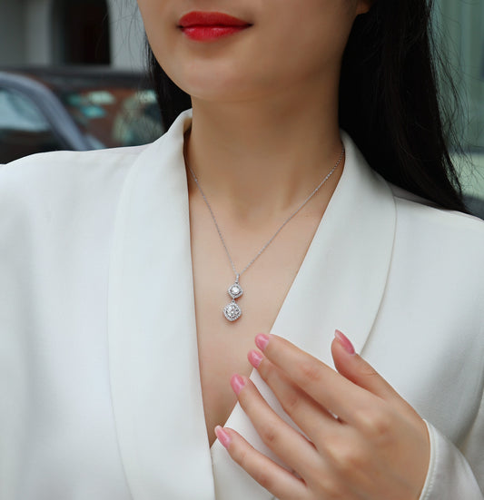 Round Moissanite Double Cushion-Halo Drop Pendant in 925 Silver - worn