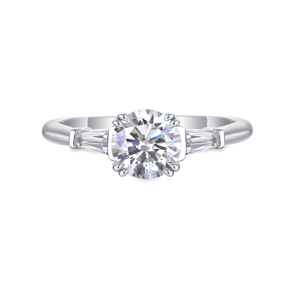 Round Moissanite Ring with Tapered Baguettes in 925 Sterling Silver