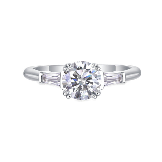 Round Moissanite Ring with Tapered Baguettes in 925 Sterling Silver