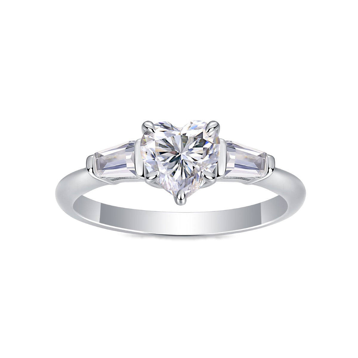 Heart Moissanite Ring with Tapered Baguette Side Stones in 925 Silver