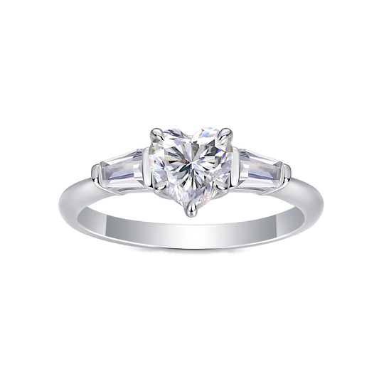 Heart Moissanite Ring with Tapered Baguette Side Stones in 925 Silver